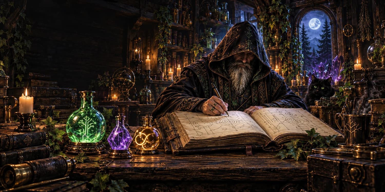The alchemist writes a recipe in an open grimoire at his workbench.