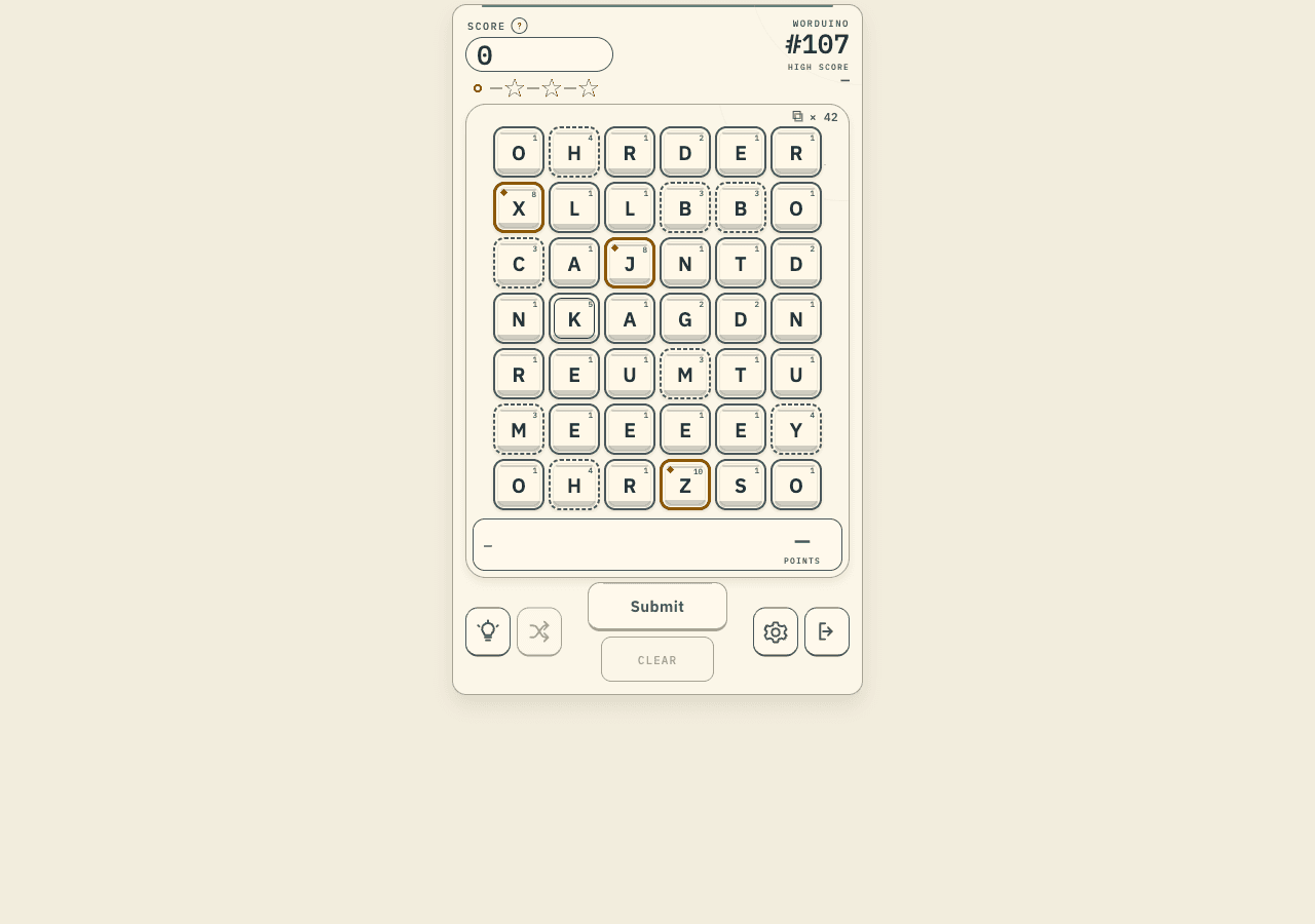 Worduino daily puzzle with a six-column letter board, tile values, and score display