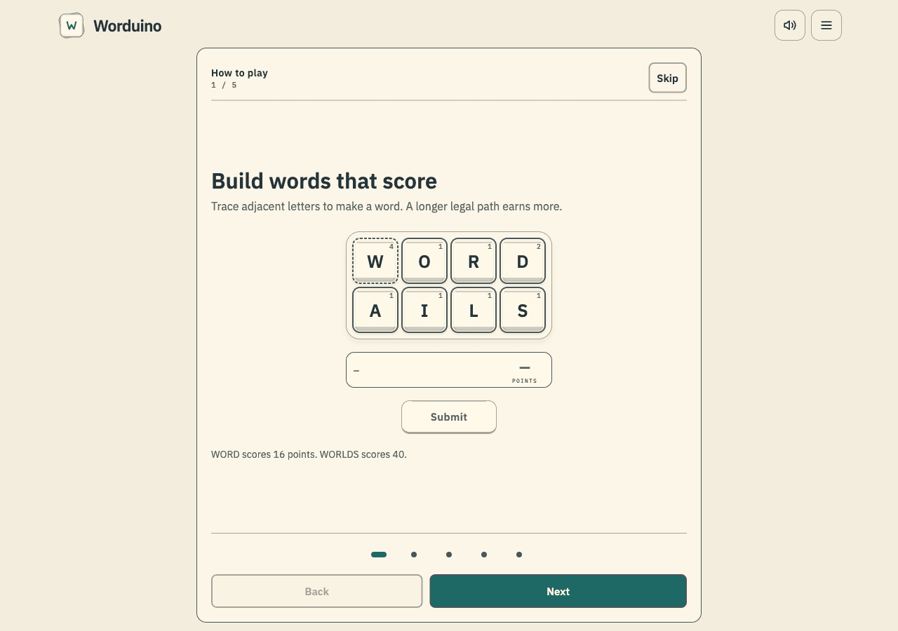 Worduino interactive tutorial demonstrating how to trace letters into words